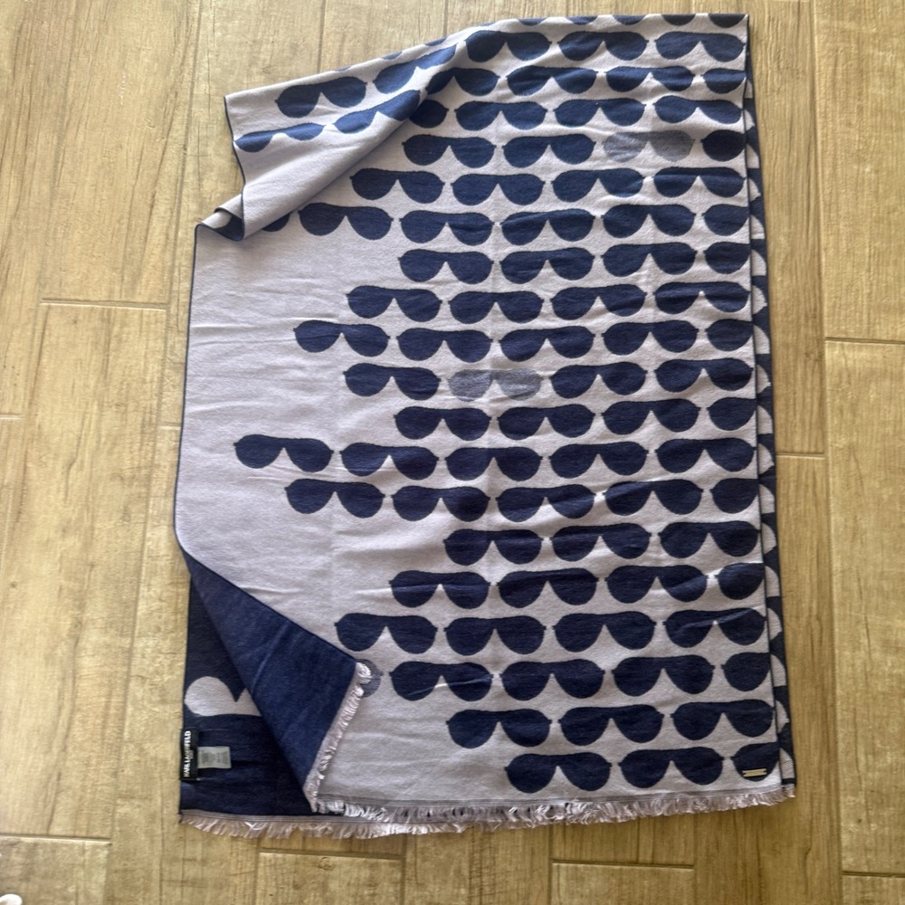 Karl Lagerfeld Paris Sunglasses Print Scarf Reversible Navy Grey Fringe Wrap